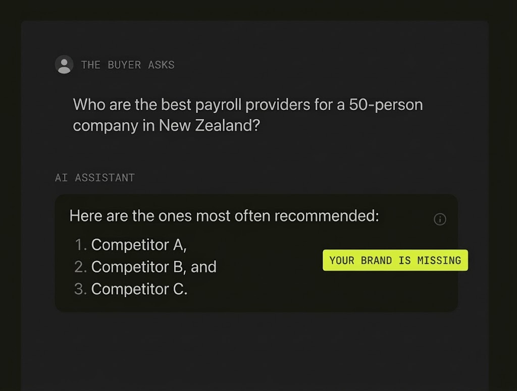 An AI assistant asked which payroll providers it recommends, naming three competitors with the buyer’s brand missing from the answer